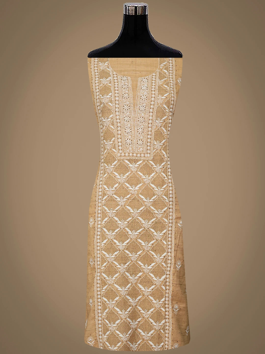 Ada Hand Embroidered Earth Yellow Fawn Khadi Lucknowi Chikankari Unstitched Kurta Dupatta Set With Mukaish Work 01A507072
