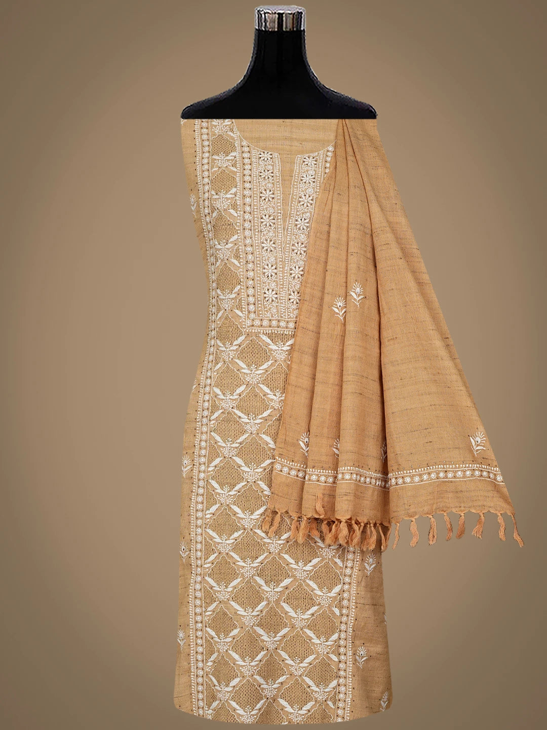 Ada Hand Embroidered Earth Yellow Fawn Khadi Lucknowi Chikankari Unstitched Kurta Dupatta Set With Mukaish Work 01A507072