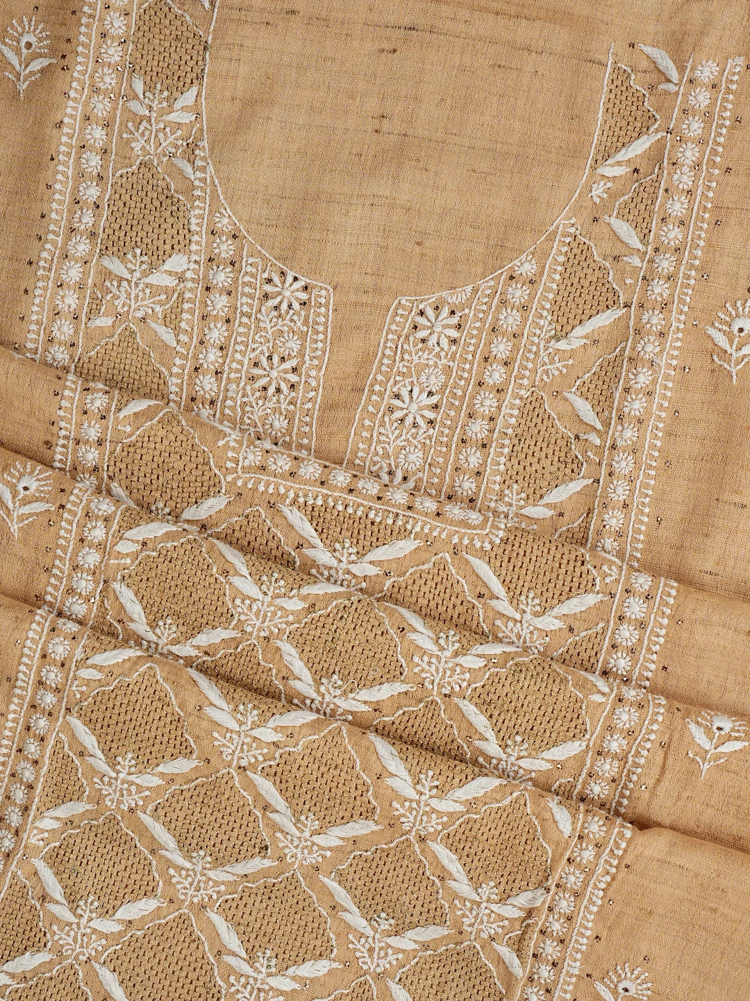 Ada Hand Embroidered Earth Yellow Fawn Khadi Lucknowi Chikankari Unstitched Kurta Dupatta Set With Mukaish Work 01A507072