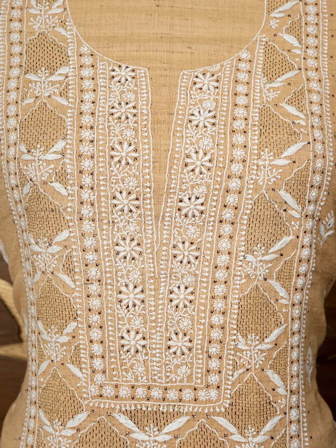 Ada Hand Embroidered Earth Yellow Fawn Khadi Lucknowi Chikankari Unstitched Kurta Dupatta Set With Mukaish Work 01A507072