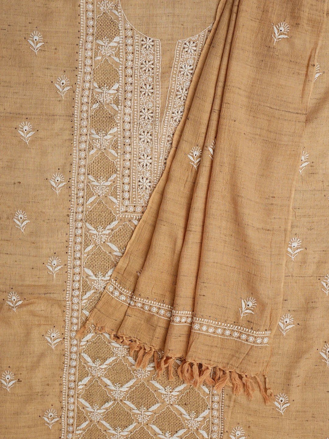 Ada Hand Embroidered Earth Yellow Fawn Khadi Lucknowi Chikankari Unstitched Kurta Dupatta Set With Mukaish Work 01A507072
