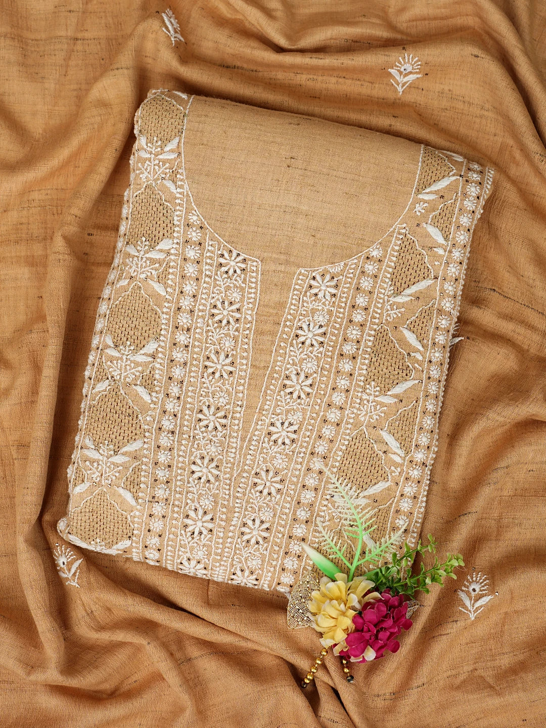 Ada Hand Embroidered Earth Yellow Fawn Khadi Lucknowi Chikankari Unstitched Kurta Dupatta Set With Mukaish Work 01A507072