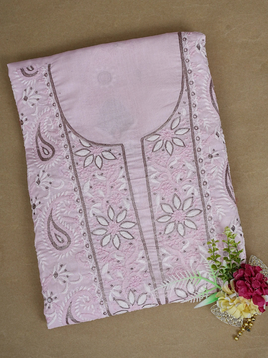 Ada Hand Embroidered Pink Cotton Lucknowi Chikankari Unstitched Kurta Piece With Zari Taar Work 01A372787