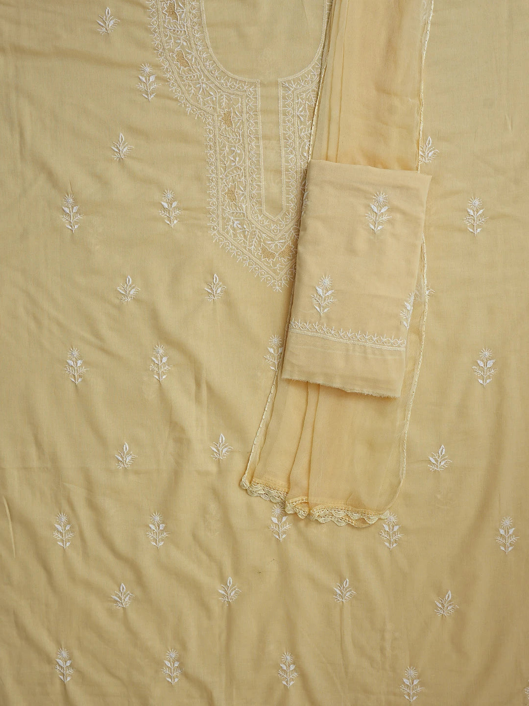 Ada Hand Embroidered Beige Cotton Lucknowi Chikankari Unstitched Suit Piece 01A762991
