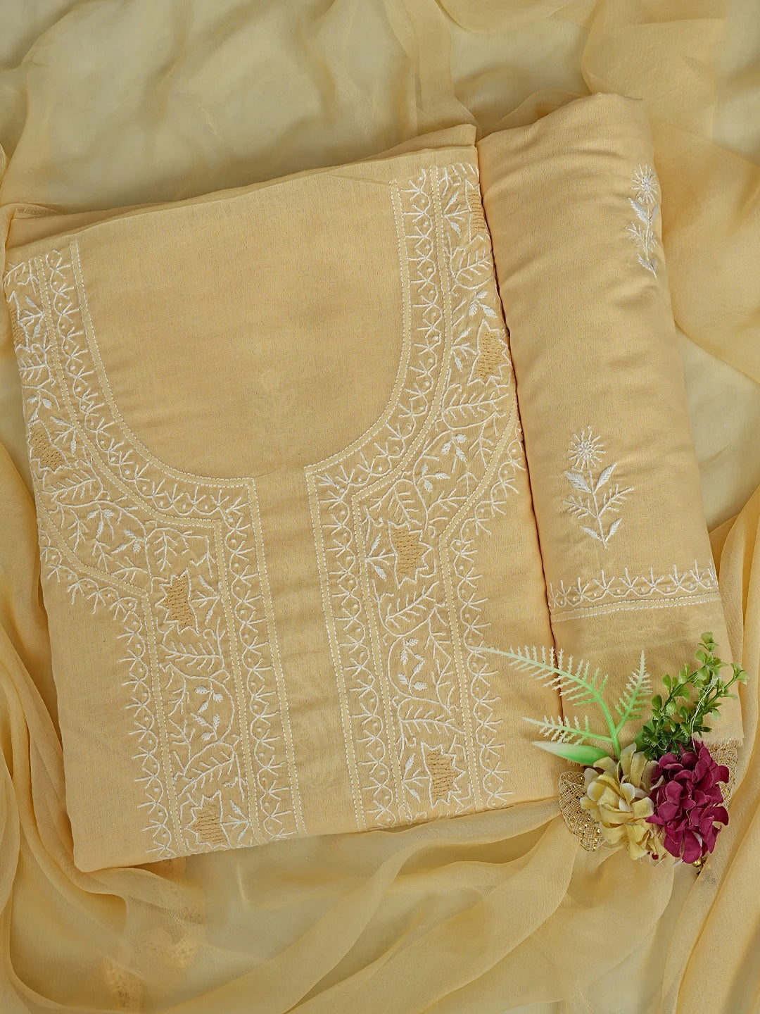 Ada Hand Embroidered Beige Cotton Lucknowi Chikankari Unstitched Suit Piece 01A762991