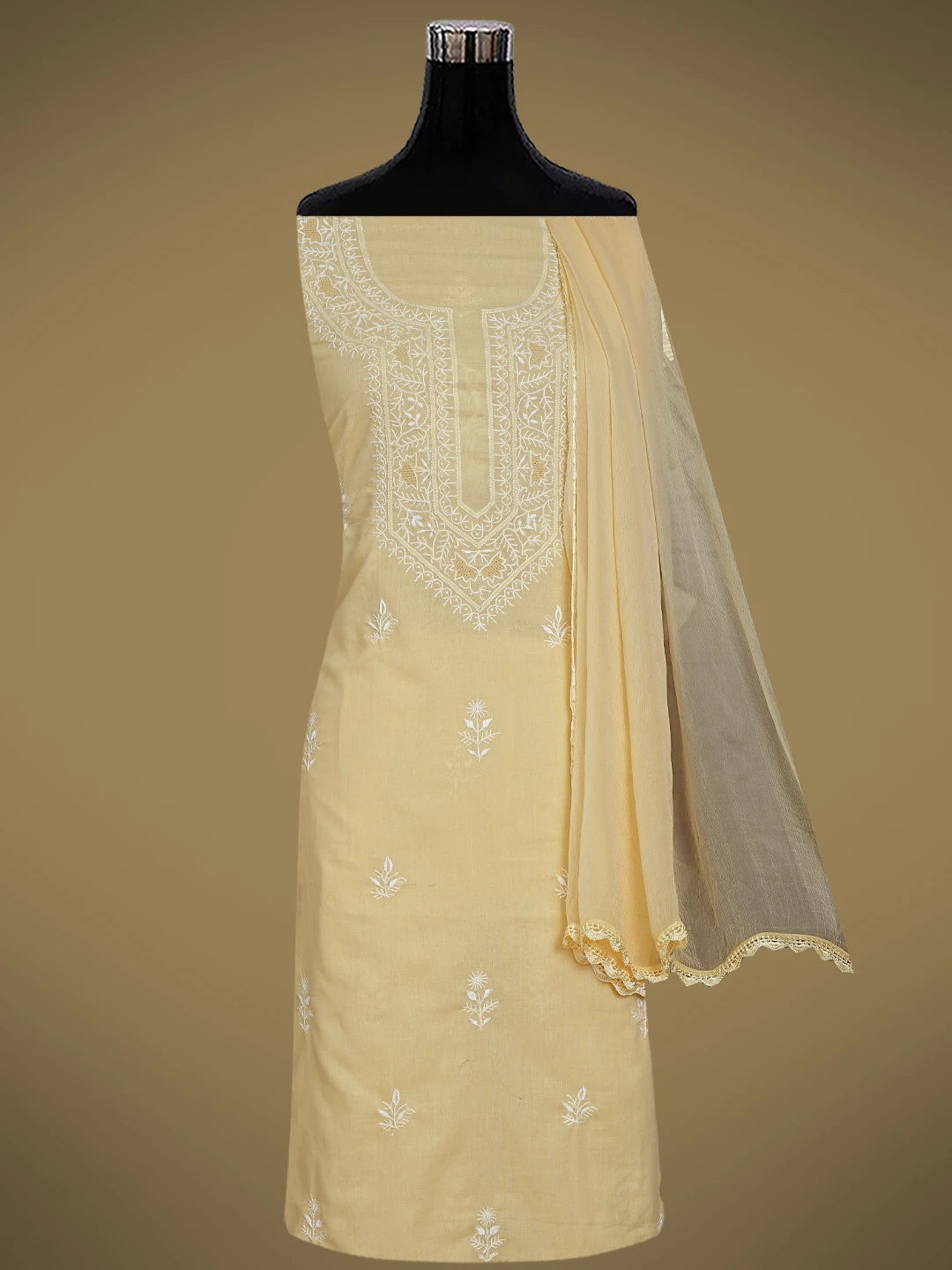 Ada Hand Embroidered Beige Cotton Lucknowi Chikankari Unstitched Suit Piece 01A762991