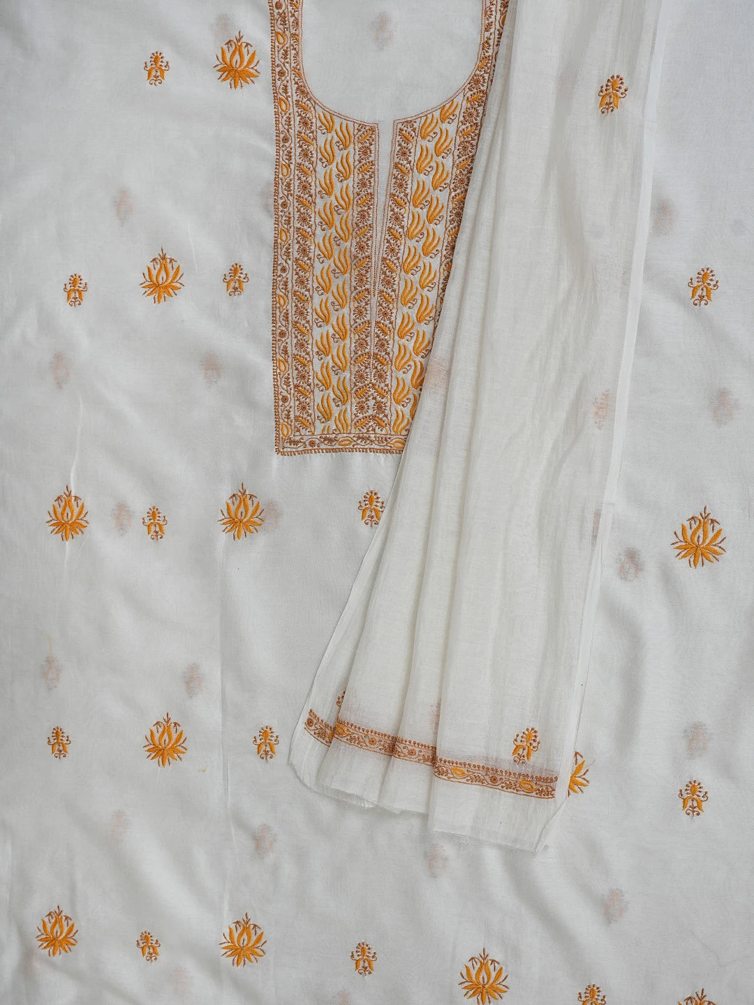 Ada Hand Embroidered White Chanderi Lucknowi Chikankari Unstitched Kurta Dupatta Set 01A841576