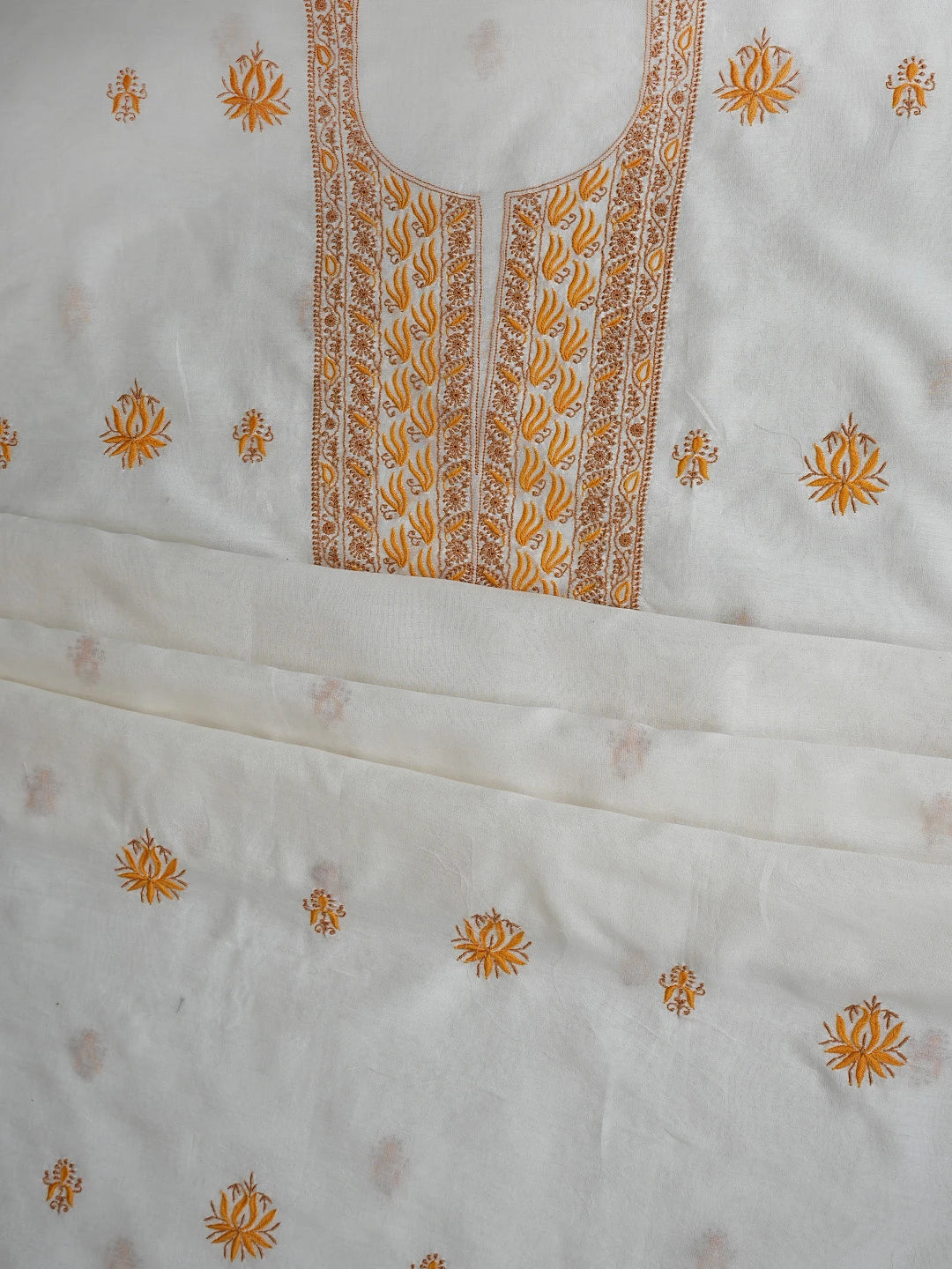 Ada Hand Embroidered White Chanderi Lucknowi Chikankari Unstitched Kurta Dupatta Set 01A841576