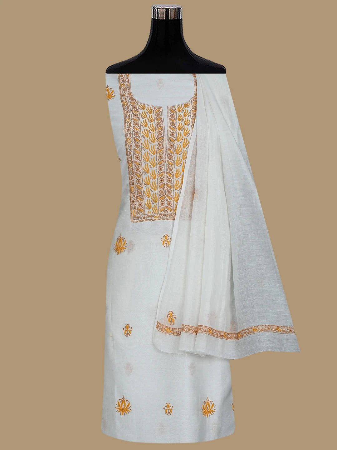 Ada Hand Embroidered White Chanderi Lucknowi Chikankari Unstitched Kurta Dupatta Set 01A841576