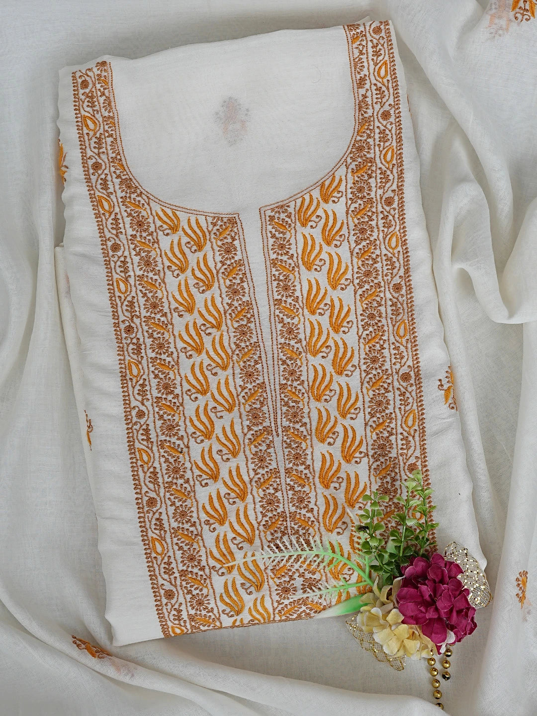 Ada Hand Embroidered White Chanderi Lucknowi Chikankari Unstitched Kurta Dupatta Set 01A841576