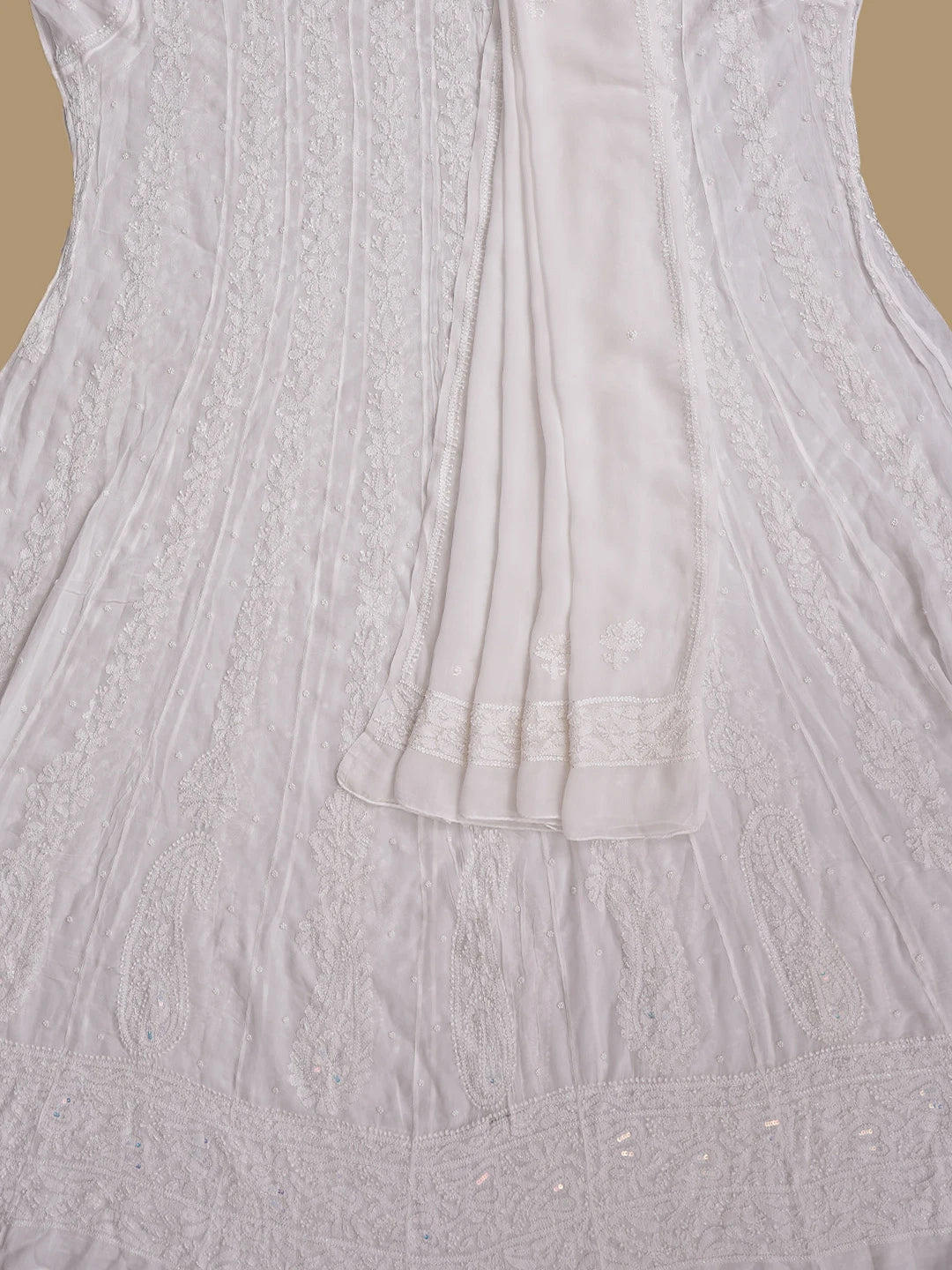 Ada Hand Embroidered White Viscose Georgette Lucknowi Chikankari Semi-Stitched Anarkali Kurta Dupatta Set With Pearl Work 01A852296