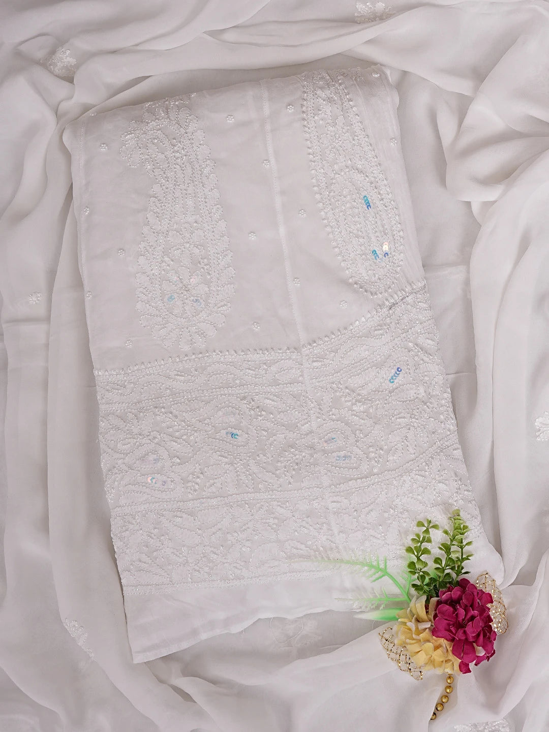 Ada Hand Embroidered White Viscose Georgette Lucknowi Chikankari Semi-Stitched Anarkali Kurta Dupatta Set With Pearl Work 01A852296