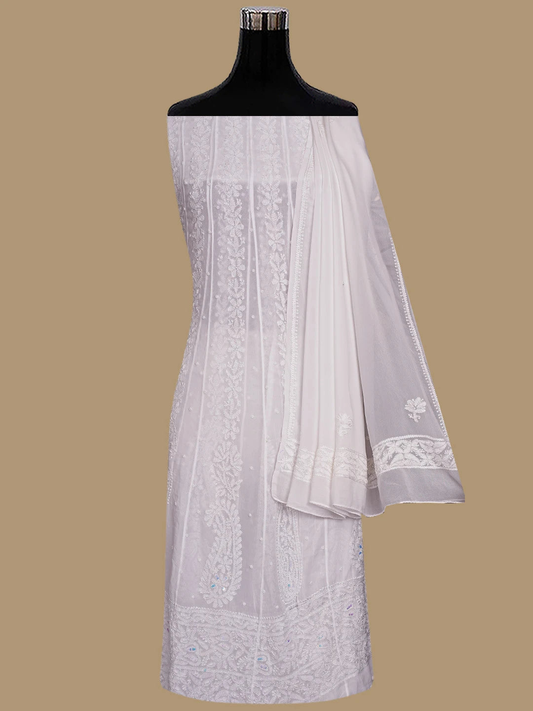 Ada Hand Embroidered White Viscose Georgette Lucknowi Chikankari Semi-Stitched Anarkali Kurta Dupatta Set With Pearl Work 01A852296