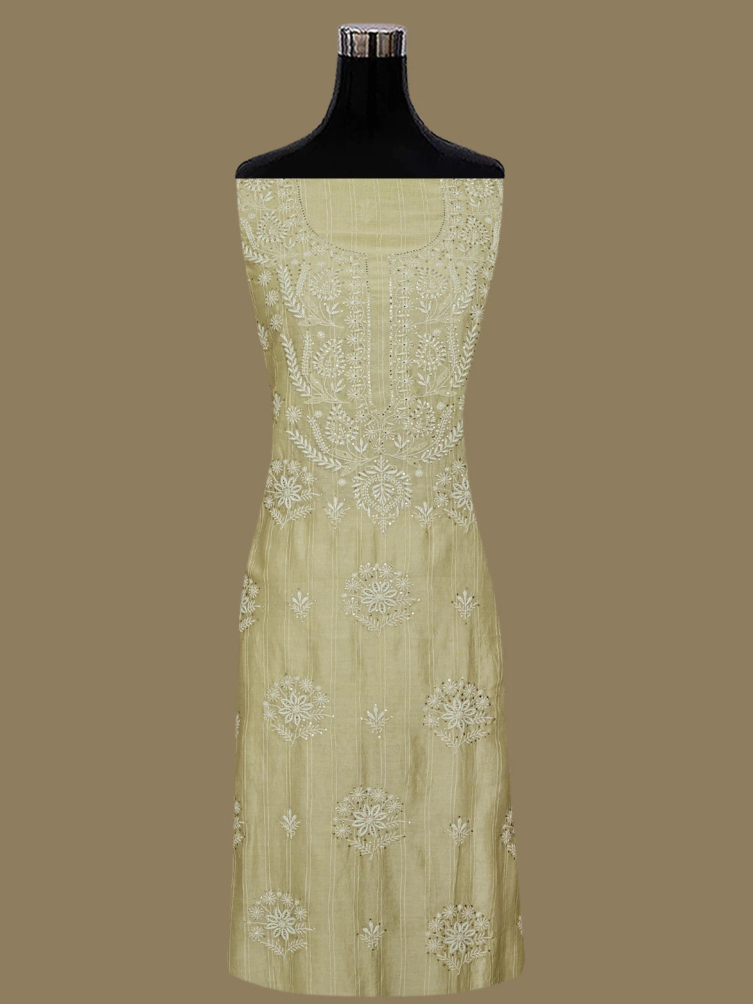 Ada Hand Embroidered Fawn Chanderi Lucknowi Chikankari Unstitched Kurta Dupatta Set With Mukaish Work 01A754065