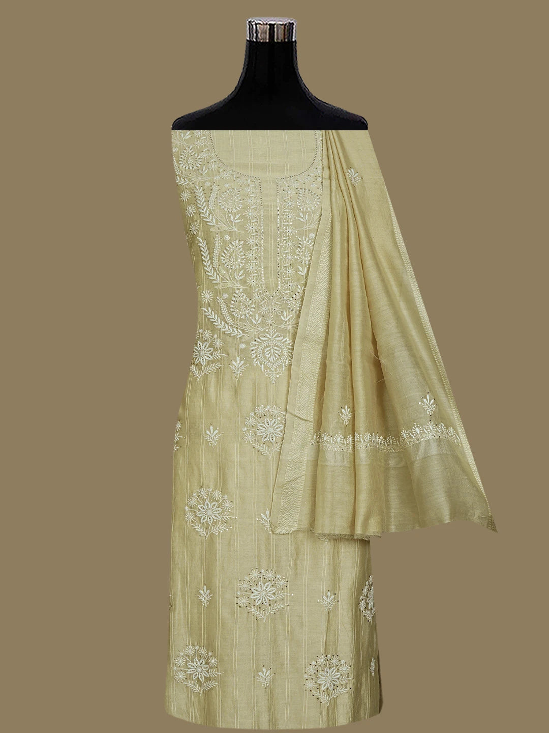 Ada Hand Embroidered Fawn Chanderi Lucknowi Chikankari Unstitched Kurta Dupatta Set With Mukaish Work 01A754065