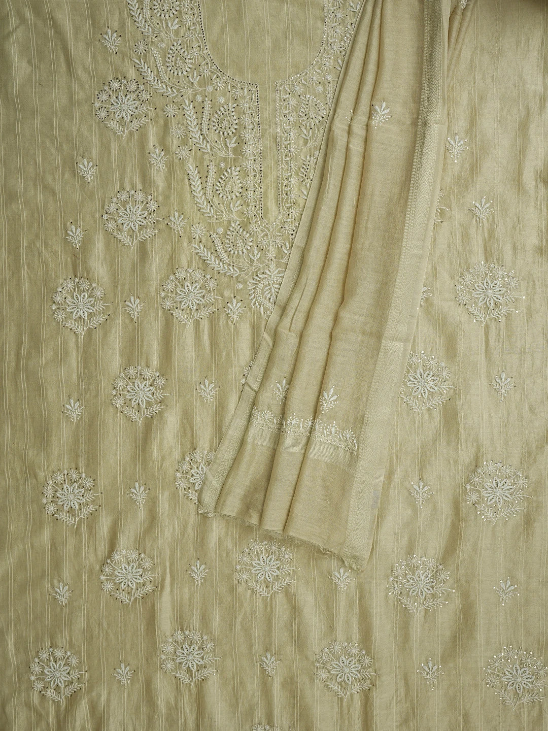 Ada Hand Embroidered Fawn Chanderi Lucknowi Chikankari Unstitched Kurta Dupatta Set With Mukaish Work 01A754065