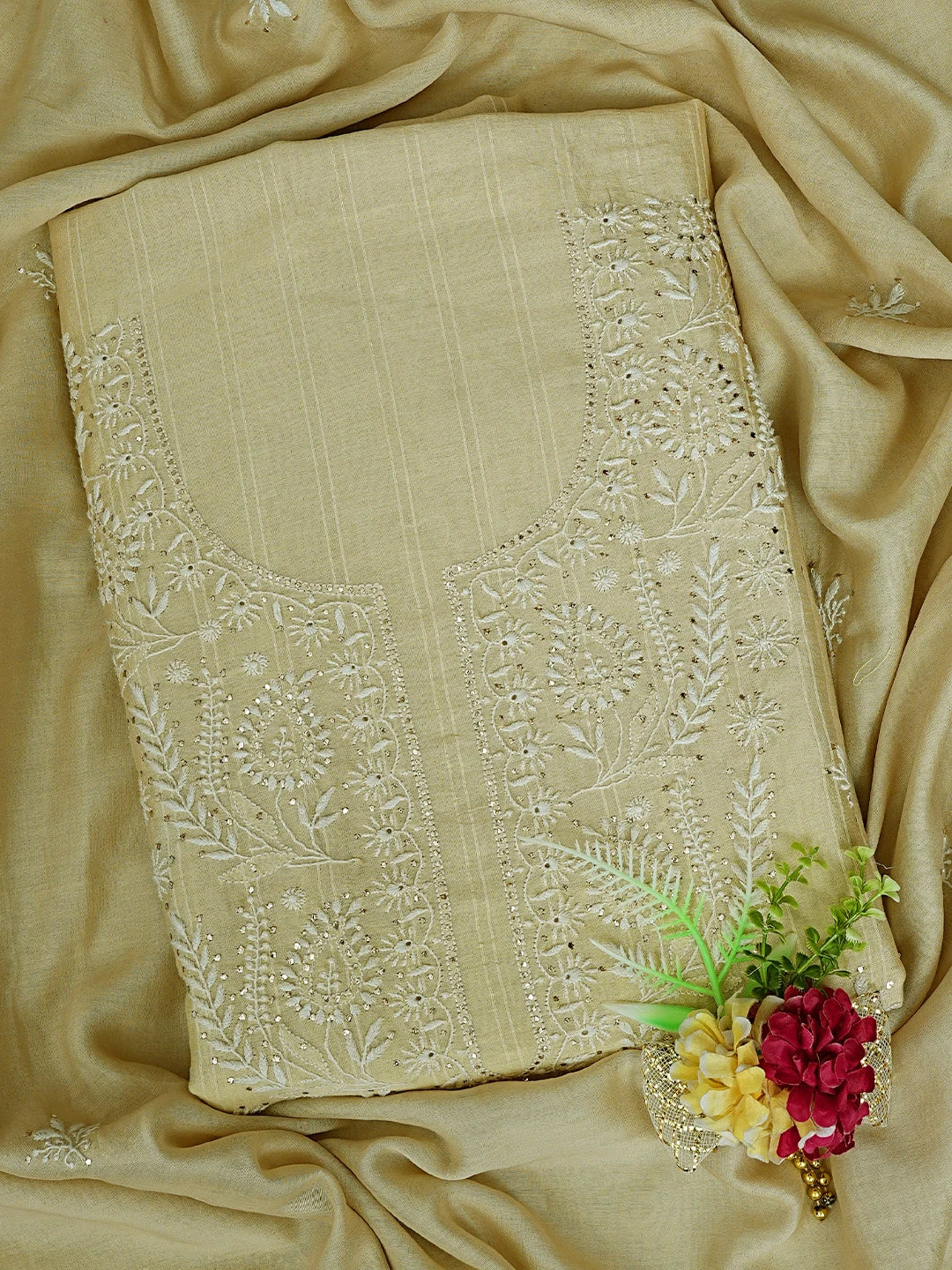 Ada Hand Embroidered Fawn Chanderi Lucknowi Chikankari Unstitched Kurta Dupatta Set With Mukaish Work 01A754065