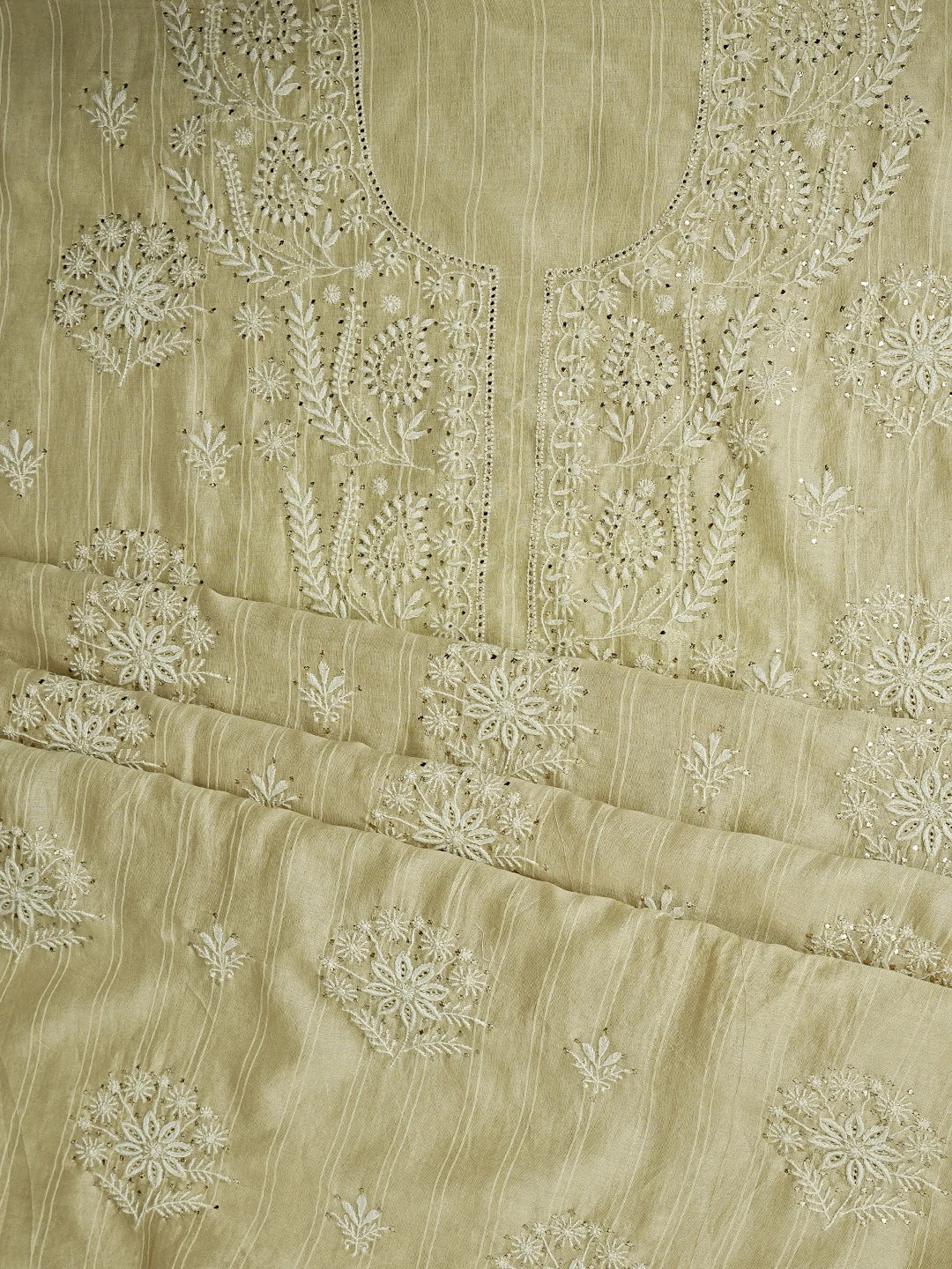 Ada Hand Embroidered Fawn Chanderi Lucknowi Chikankari Unstitched Kurta Dupatta Set With Mukaish Work 01A754065