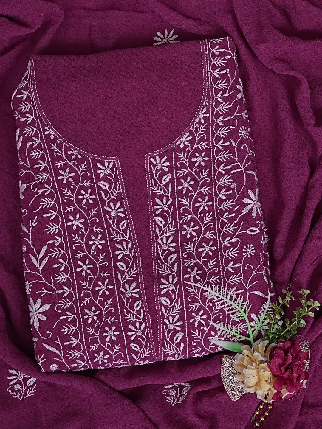 Ada Hand Embroidered Onion Pink Viscose Georgette Lucknowi Chikankari Unstitched Kurta Dupatta Set 01A856659