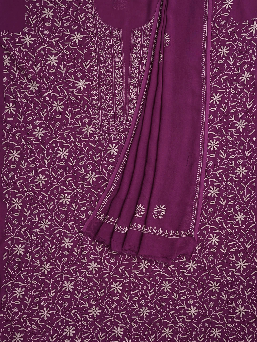 Ada Hand Embroidered Onion Pink Viscose Georgette Lucknowi Chikankari Unstitched Kurta Dupatta Set 01A856659