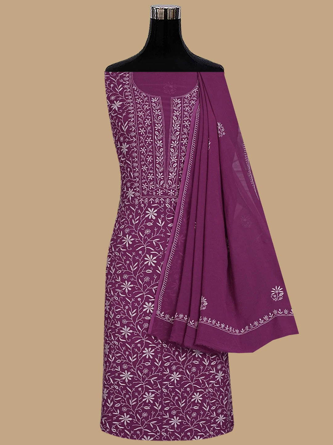 Ada Hand Embroidered Onion Pink Viscose Georgette Lucknowi Chikankari Unstitched Kurta Dupatta Set 01A856659