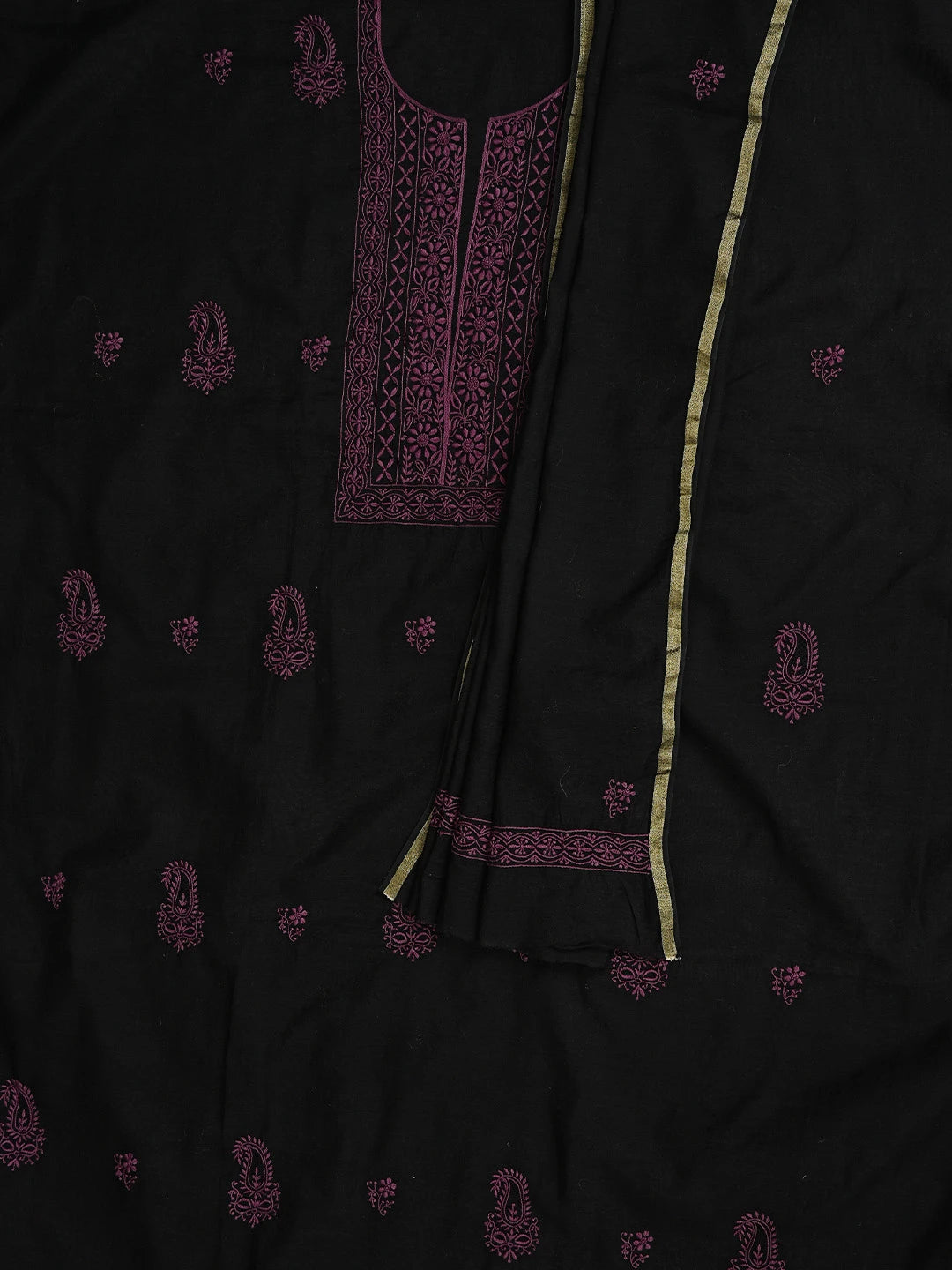 Ada Hand Embroidered Black Chanderi Lucknowi Chikankari Unstitched Kurta Dupatta Set 01A707346