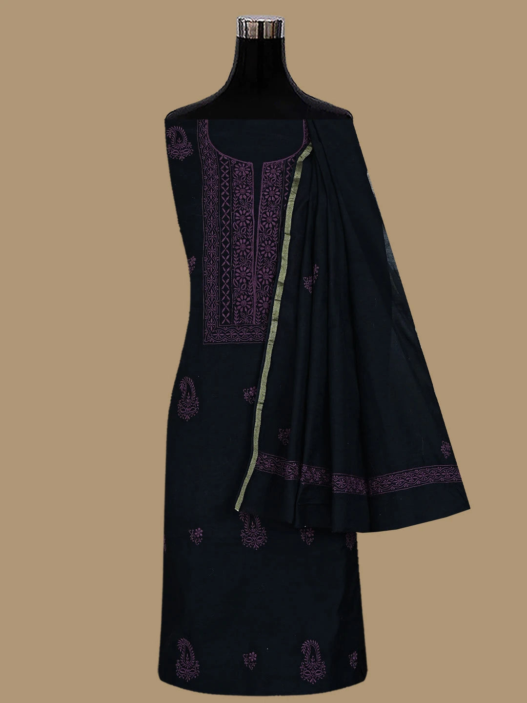 Ada Hand Embroidered Black Chanderi Lucknowi Chikankari Unstitched Kurta Dupatta Set 01A707346