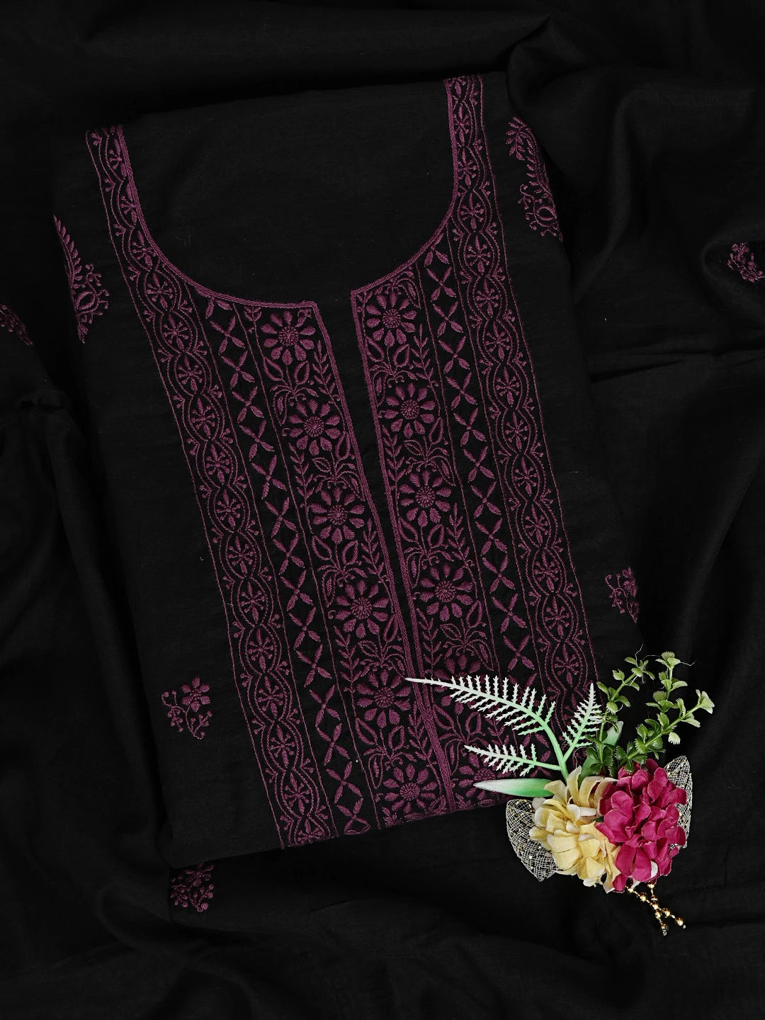 Ada Hand Embroidered Black Chanderi Lucknowi Chikankari Unstitched Kurta Dupatta Set 01A707346