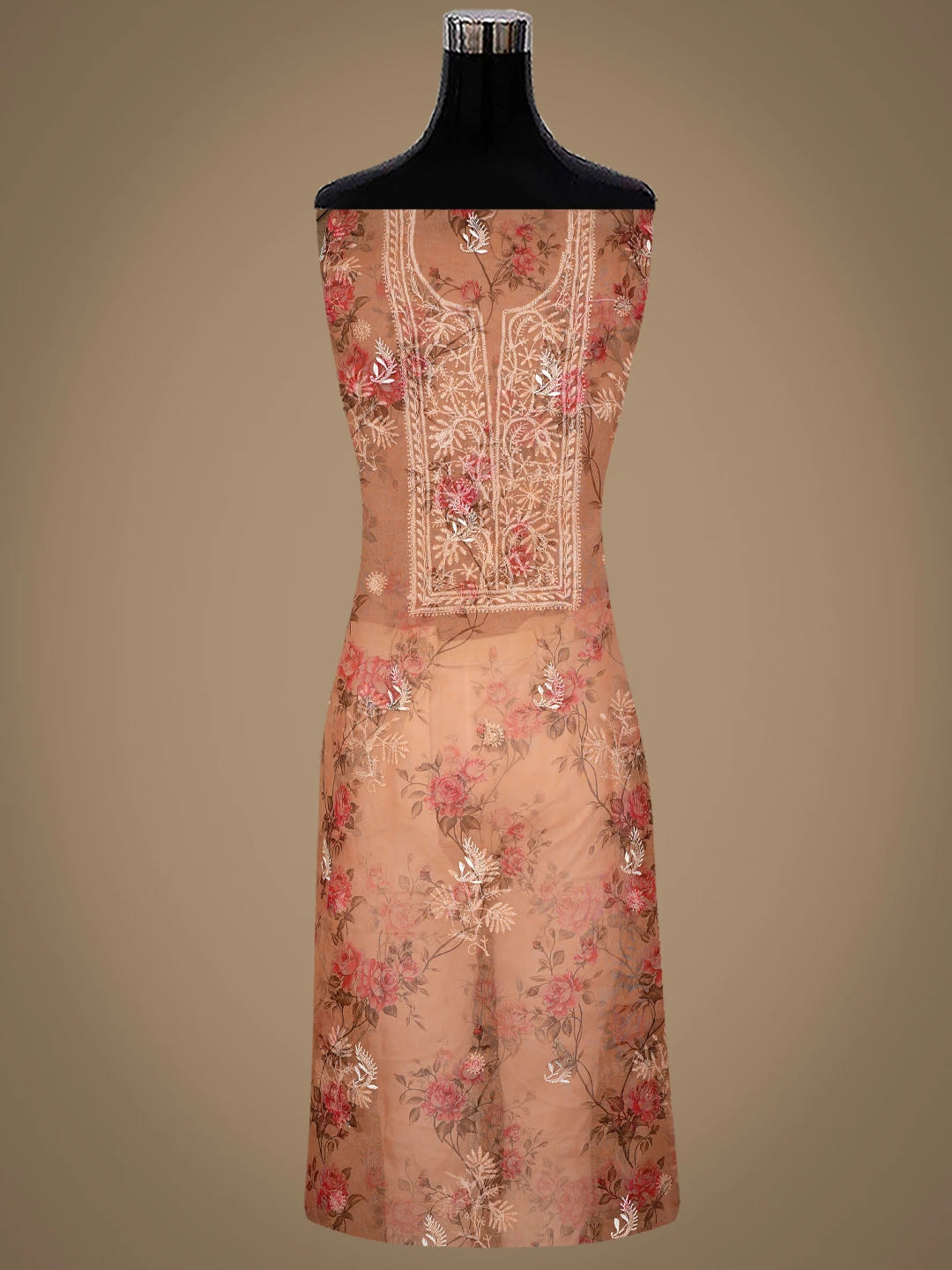 Ada Hand Embroidered Floral Printed Fawn Organza Lucknowi Chikankari Semi-Stitched Kurta Dupatta Set 01A585951