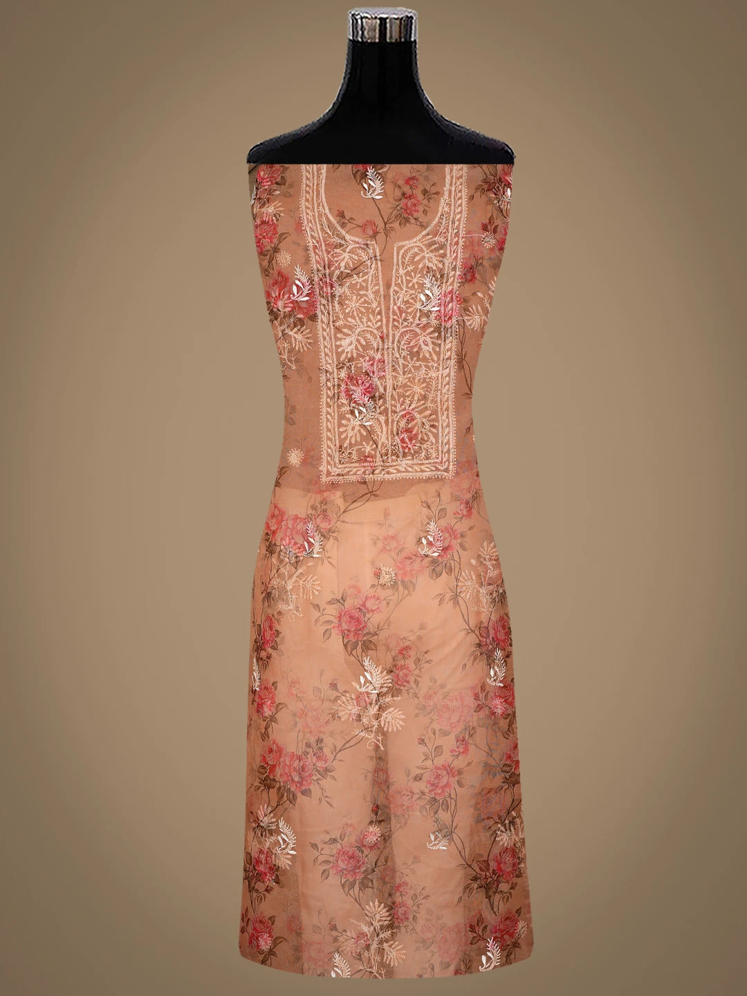 Ada Hand Embroidered Floral Printed Fawn Organza Lucknowi Chikankari Semi-Stitched Kurta Dupatta Set 01A585951
