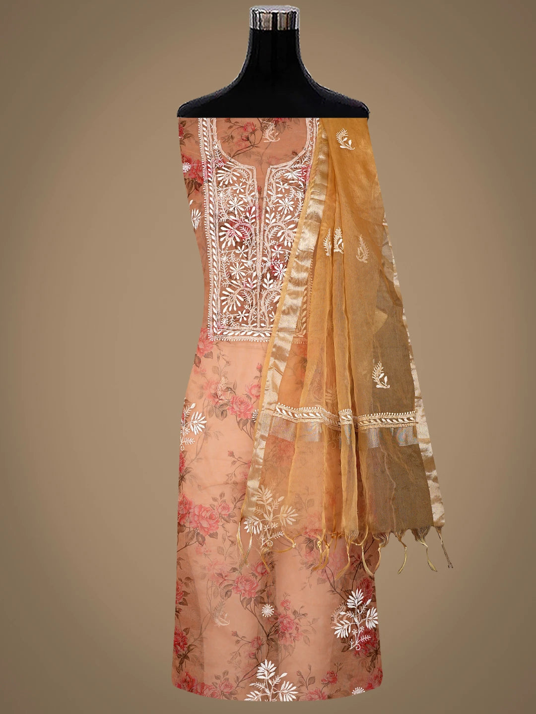 Ada Hand Embroidered Floral Printed Fawn Organza Lucknowi Chikankari Semi-Stitched Kurta Dupatta Set 01A585951