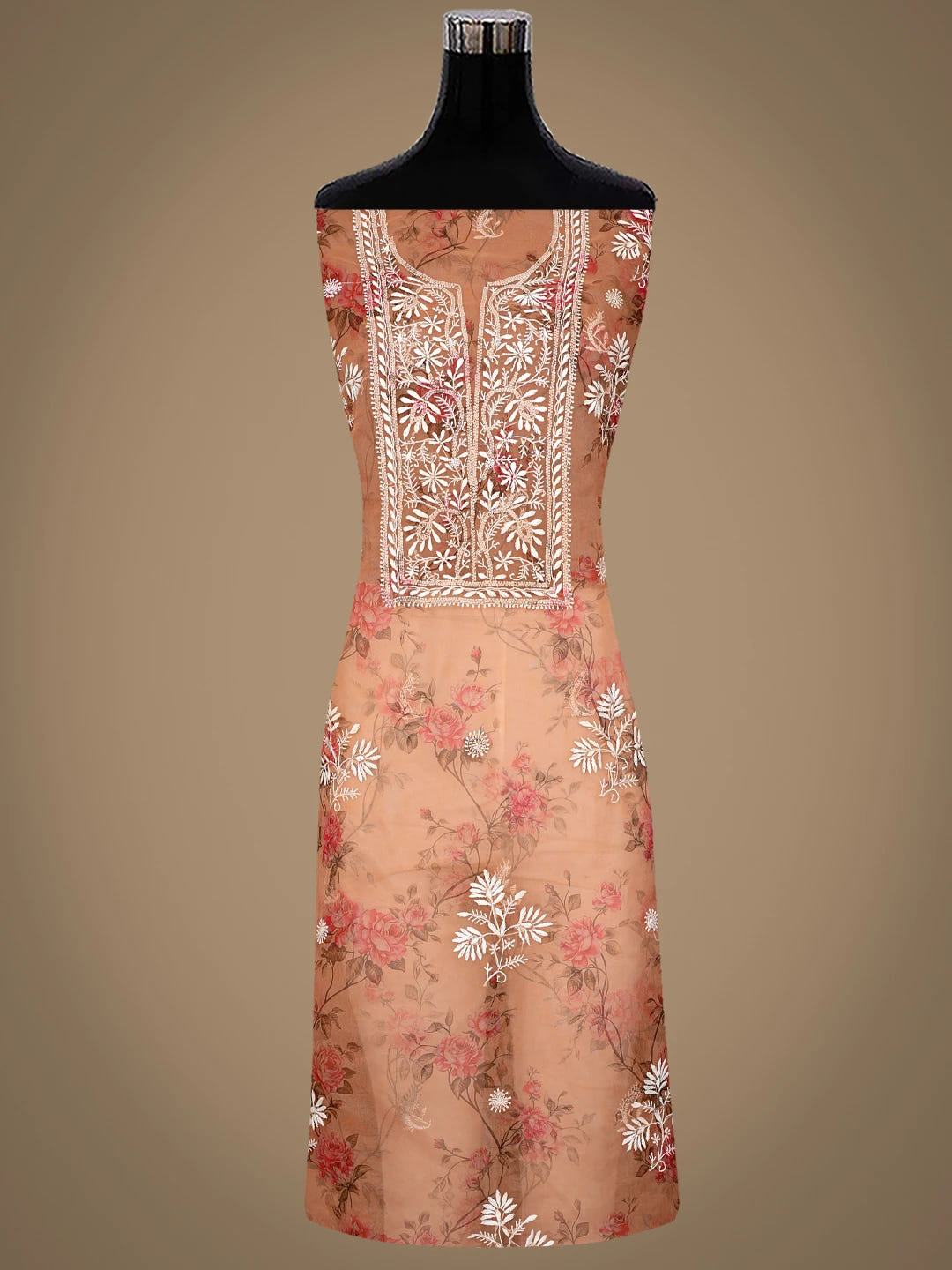 Ada Hand Embroidered Floral Printed Fawn Organza Lucknowi Chikankari Semi-Stitched Kurta Dupatta Set 01A585951