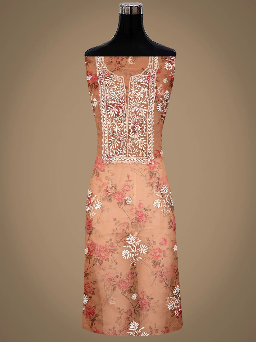 Ada Hand Embroidered Floral Printed Fawn Organza Lucknowi Chikankari Semi-Stitched Kurta Dupatta Set 01A585951