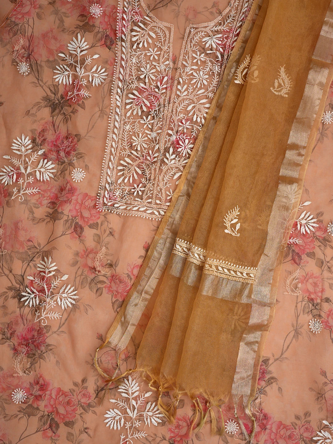 Ada Hand Embroidered Floral Printed Fawn Organza Lucknowi Chikankari Semi-Stitched Kurta Dupatta Set 01A585951