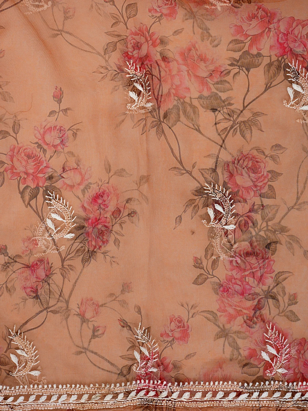 Ada Hand Embroidered Floral Printed Fawn Organza Lucknowi Chikankari Semi-Stitched Kurta Dupatta Set 01A585951