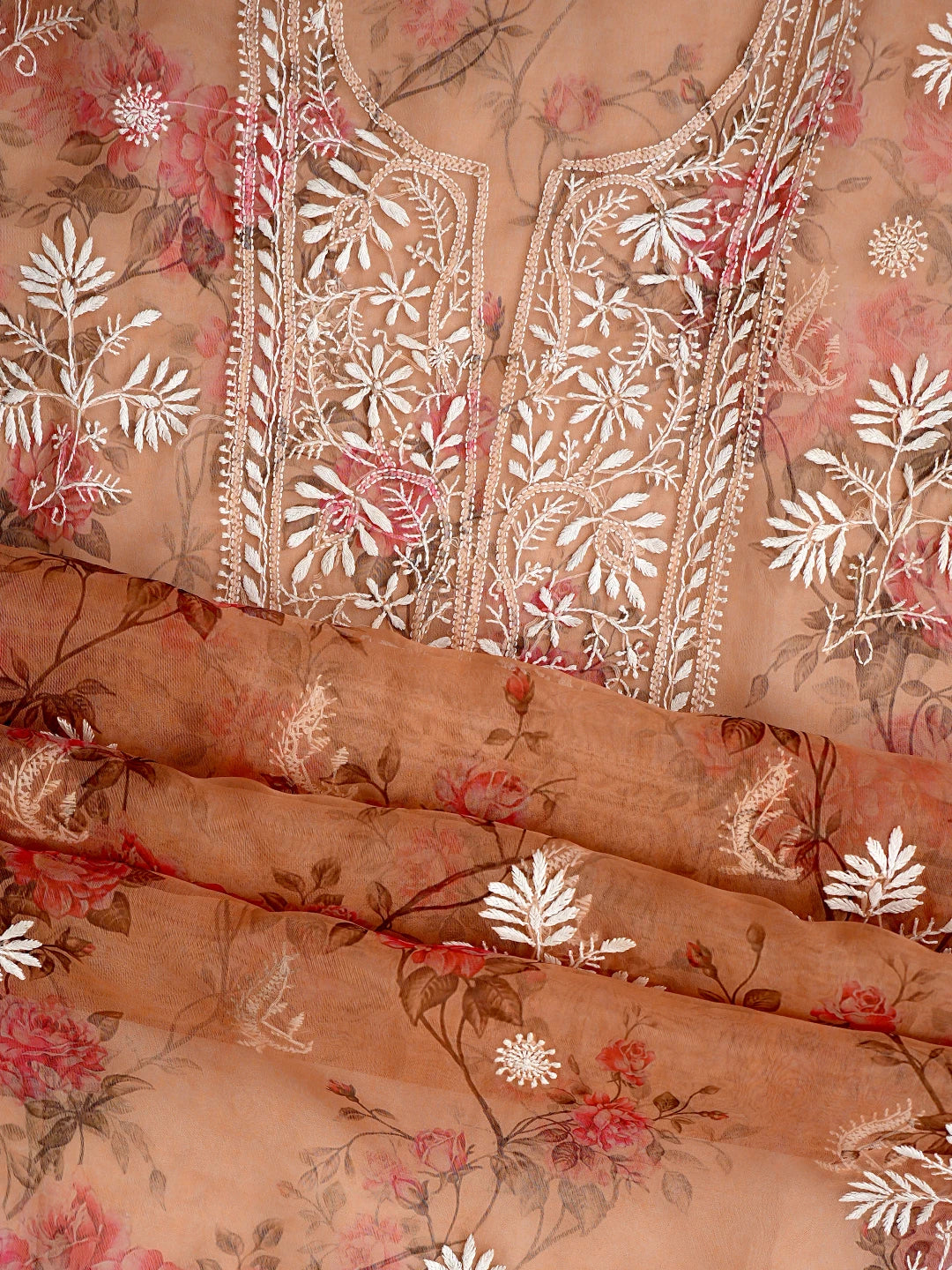 Ada Hand Embroidered Floral Printed Fawn Organza Lucknowi Chikankari Semi-Stitched Kurta Dupatta Set 01A585951