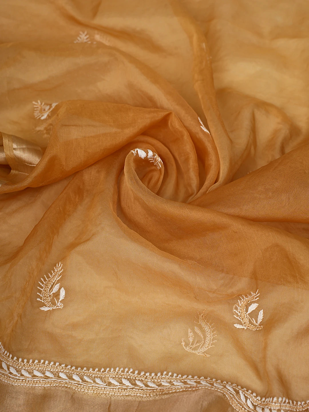 Ada Hand Embroidered Floral Printed Fawn Organza Lucknowi Chikankari Semi-Stitched Kurta Dupatta Set 01A585951