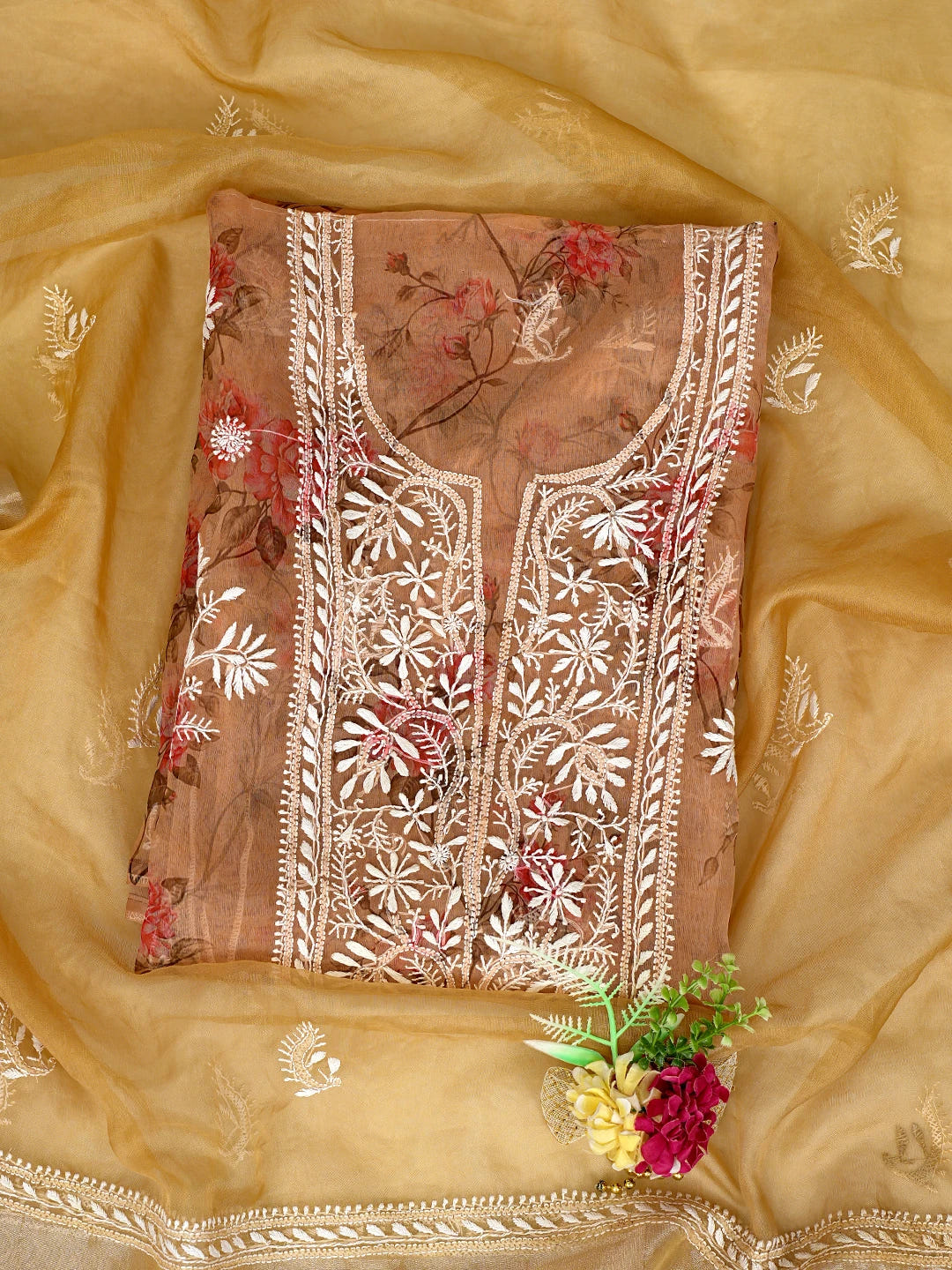 Ada Hand Embroidered Floral Printed Fawn Organza Lucknowi Chikankari Semi-Stitched Kurta Dupatta Set 01A585951