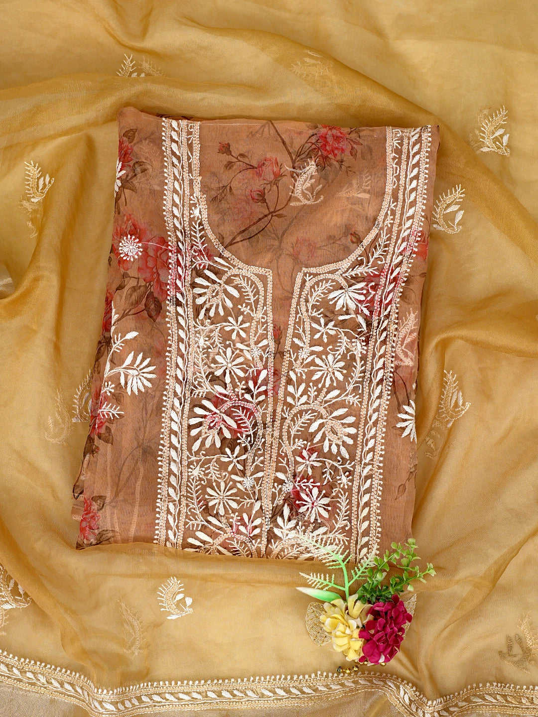 Ada Hand Embroidered Floral Printed Fawn Organza Lucknowi Chikankari Semi-Stitched Kurta Dupatta Set 01A585951
