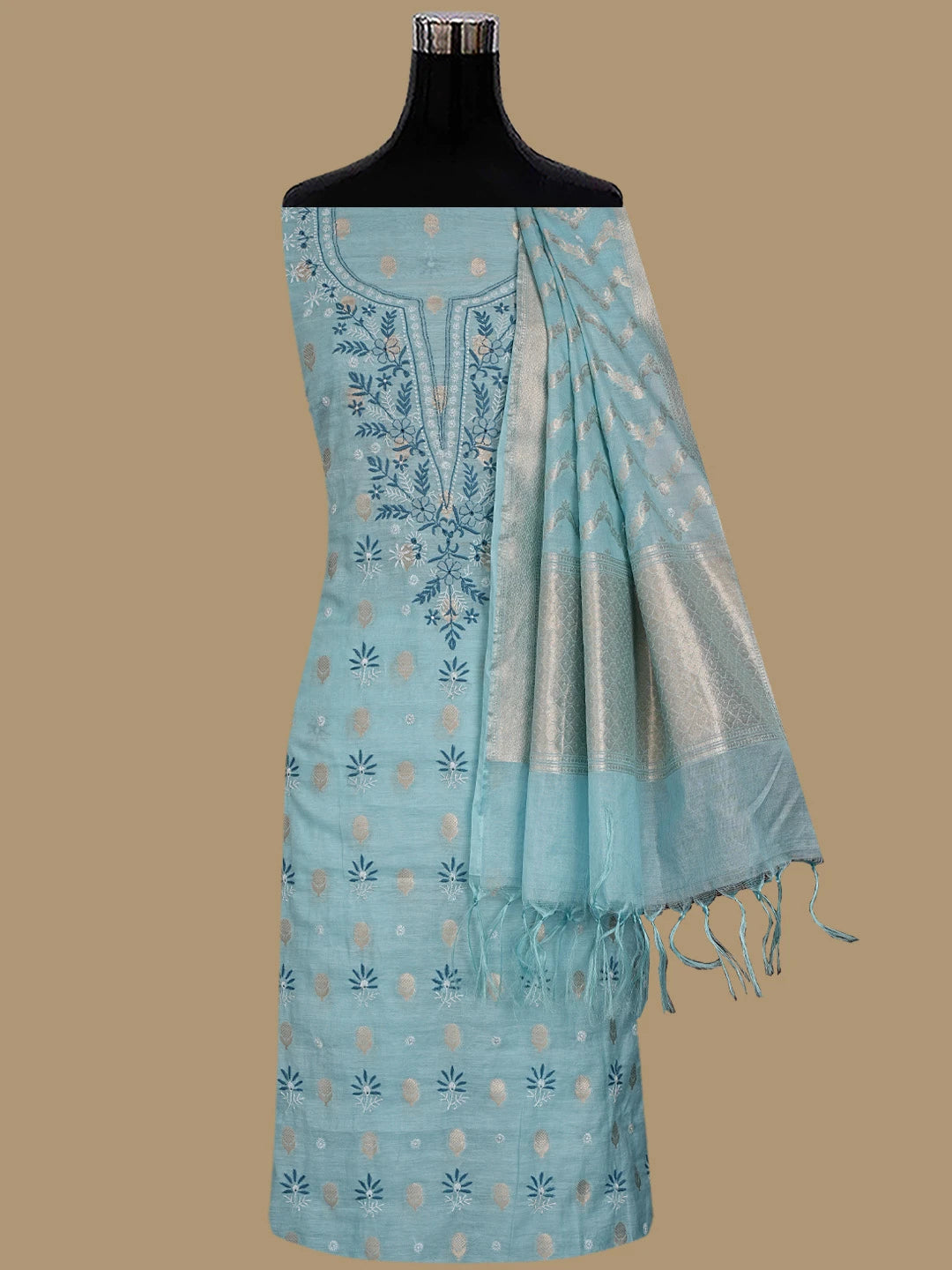Ada Hand Embroidered Sky Blue Chanderi Lucknowi Chikankari Unstitched Suit Piece 01A313745