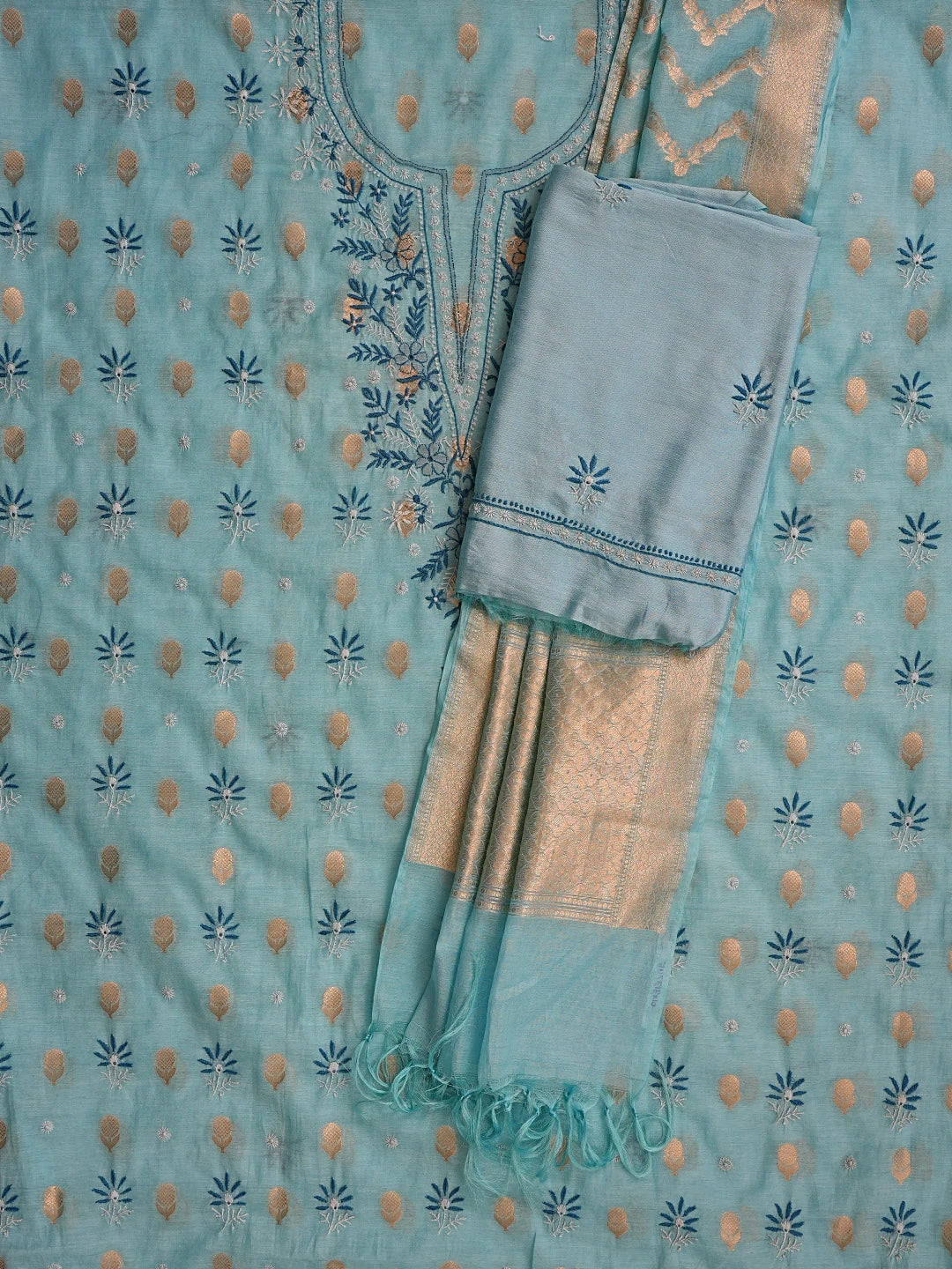 Ada Hand Embroidered Sky Blue Chanderi Lucknowi Chikankari Unstitched Suit Piece 01A313745
