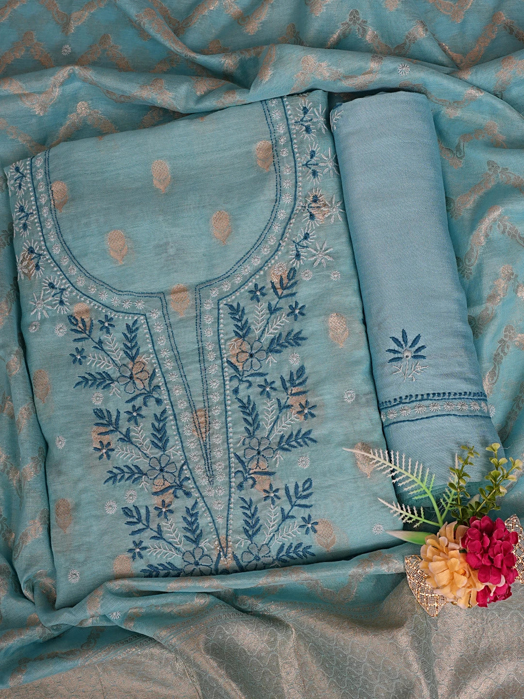 Ada Hand Embroidered Sky Blue Chanderi Lucknowi Chikankari Unstitched Suit Piece 01A313745