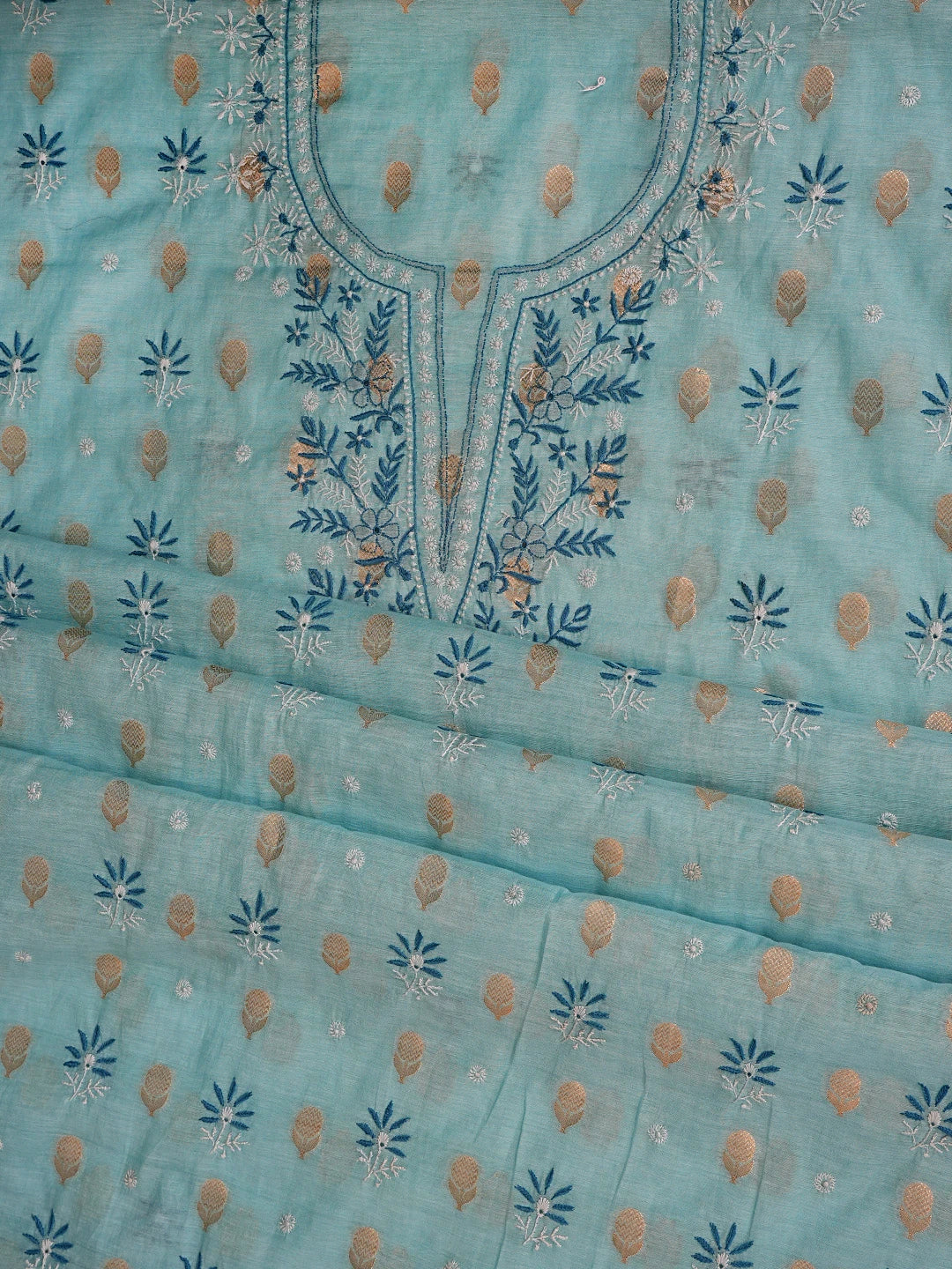 Ada Hand Embroidered Sky Blue Chanderi Lucknowi Chikankari Unstitched Suit Piece 01A313745