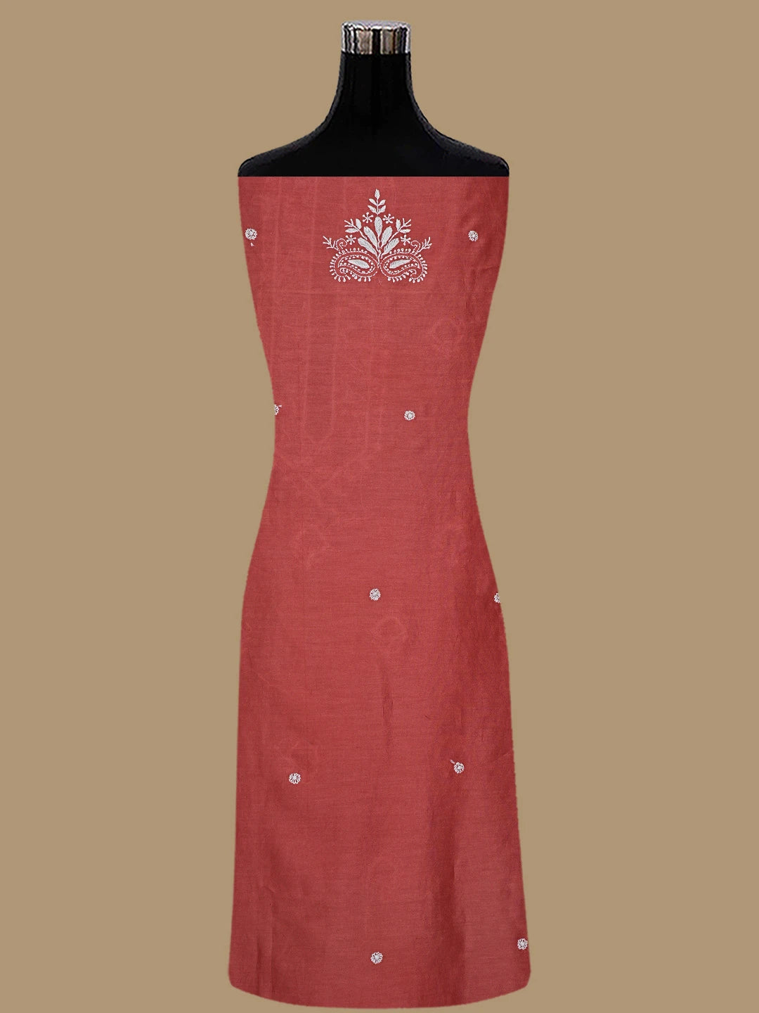 Ada Hand Embroidered Off red Chanderi Lucknowi Chikankari Unstitched Kurta Dupatta Set 01A635156