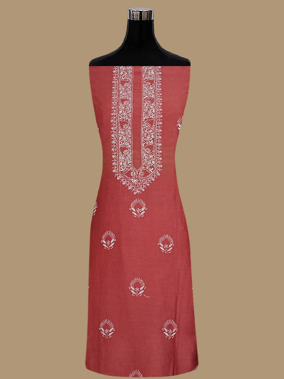 Ada Hand Embroidered Off red Chanderi Lucknowi Chikankari Unstitched Kurta Dupatta Set 01A635156