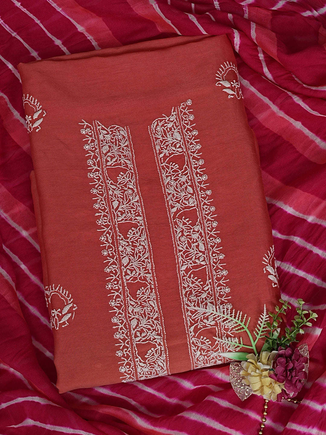 Ada Hand Embroidered Off red Chanderi Lucknowi Chikankari Unstitched Kurta Dupatta Set 01A635156