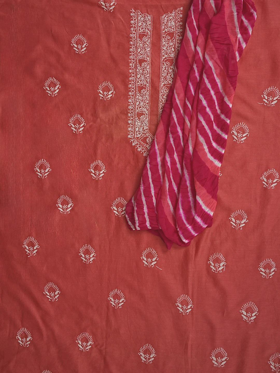 Ada Hand Embroidered Off red Chanderi Lucknowi Chikankari Unstitched Kurta Dupatta Set 01A635156