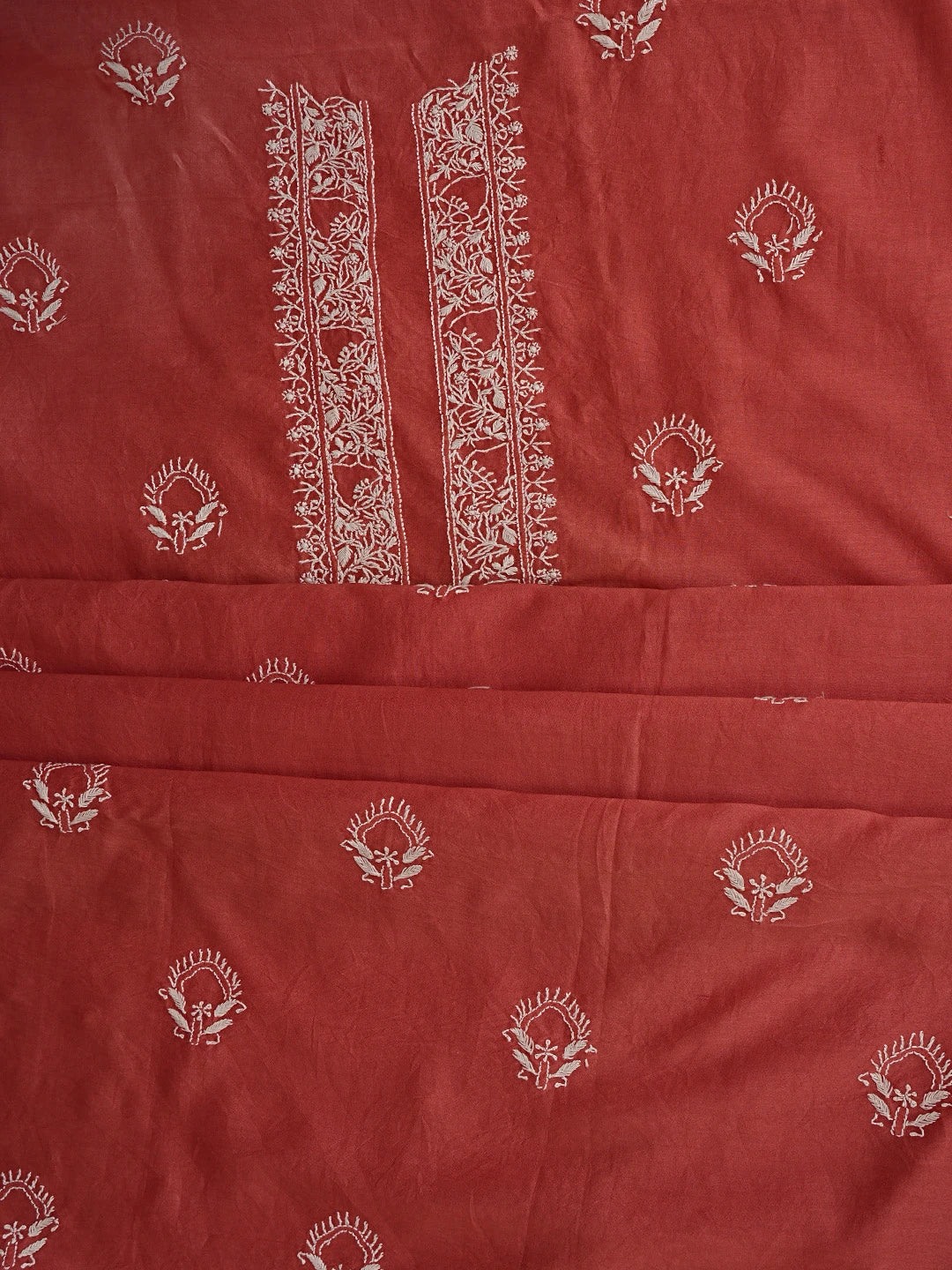 Ada Hand Embroidered Off red Chanderi Lucknowi Chikankari Unstitched Kurta Dupatta Set 01A635156