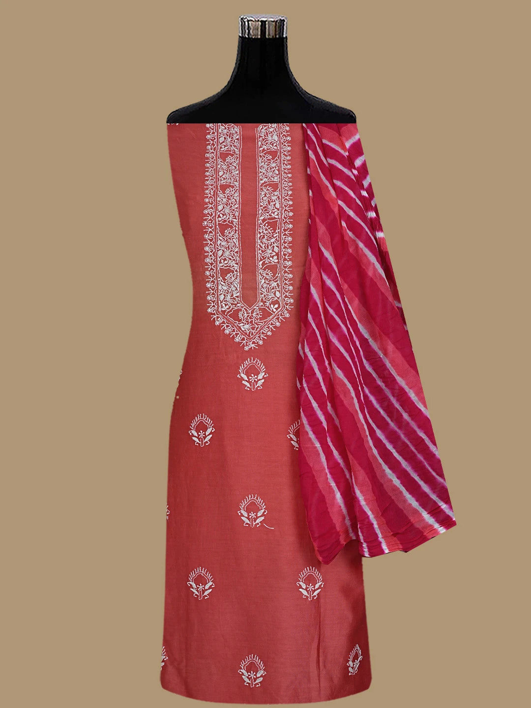 Ada Hand Embroidered Off red Chanderi Lucknowi Chikankari Unstitched Kurta Dupatta Set 01A635156