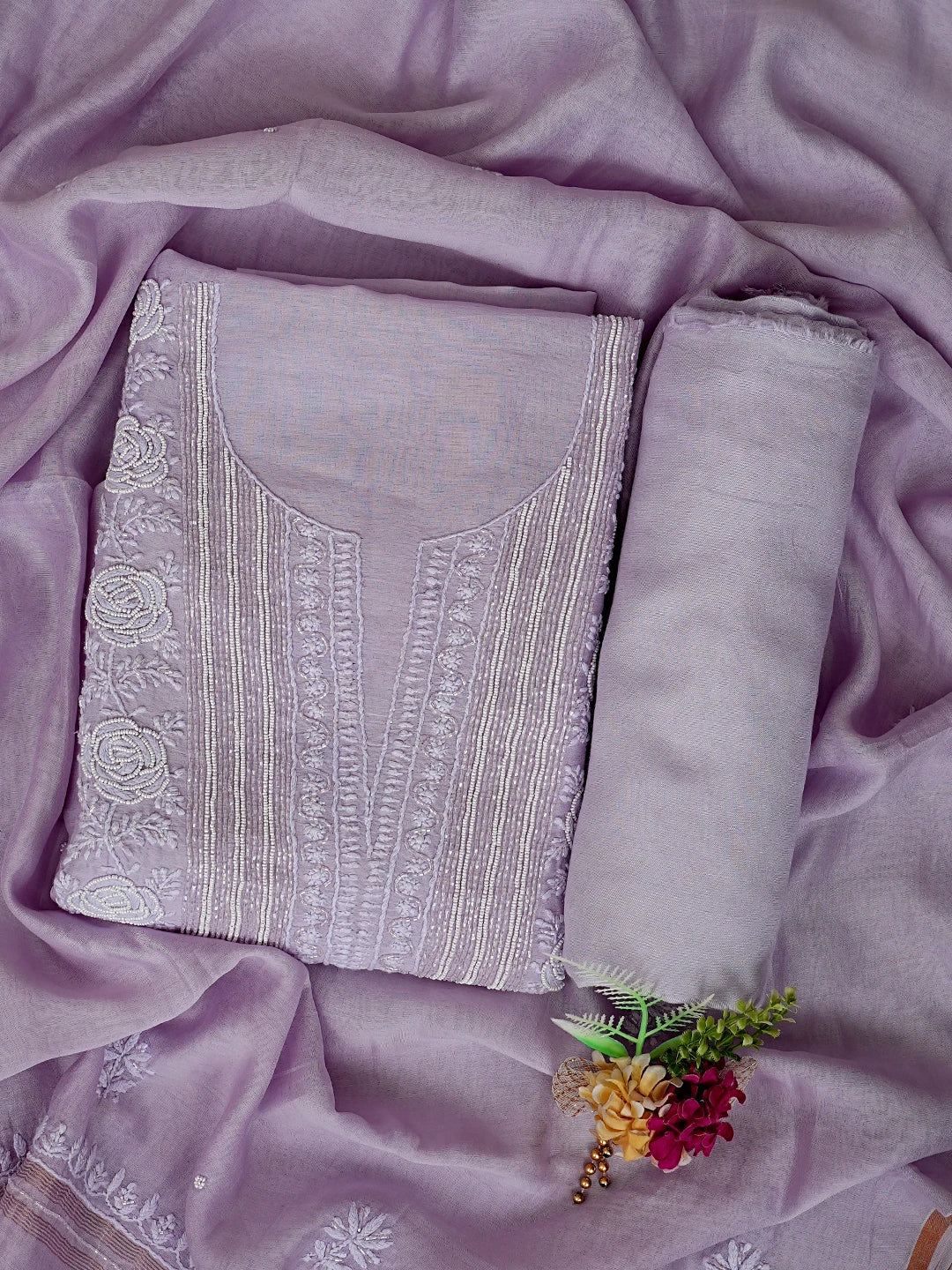 Ada Hand Embroidered Periwinkle Blue Chanderi Lucknowi Chikankari Unstitched Suit Piece With Cutdana Work 01A842109